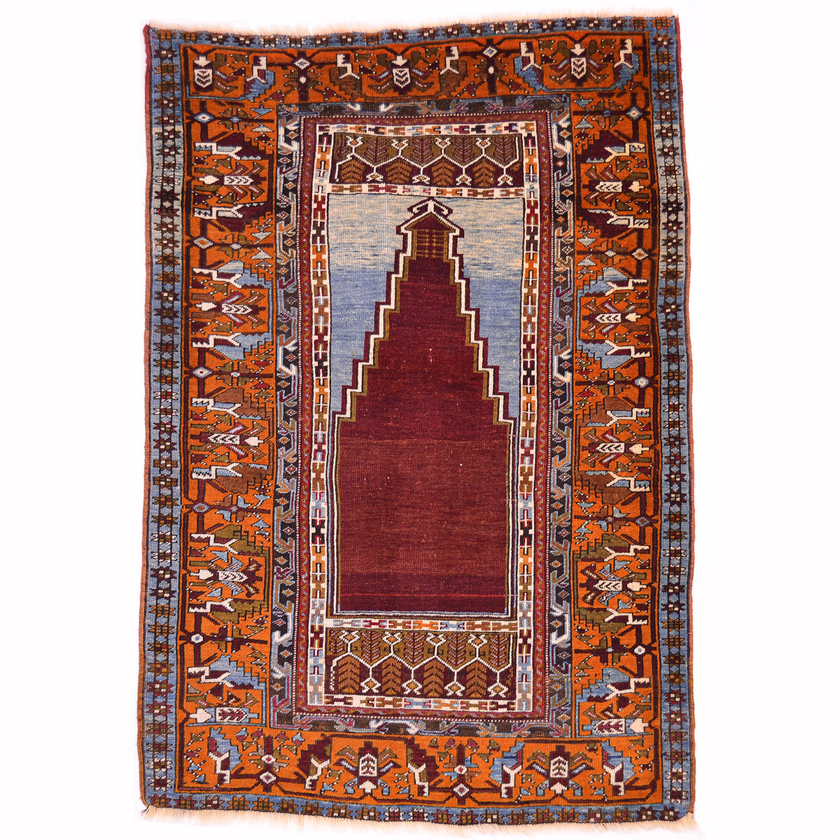 Semi Antique Turkish Prayer rug with plain dark red field , light blue mihrab and orange border.