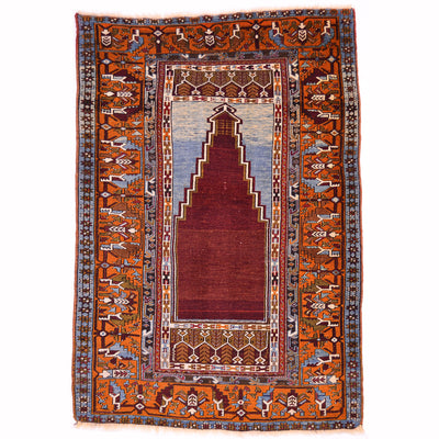 Semi Antique Turkish Prayer rug with plain dark red field , light blue mihrab and orange border.