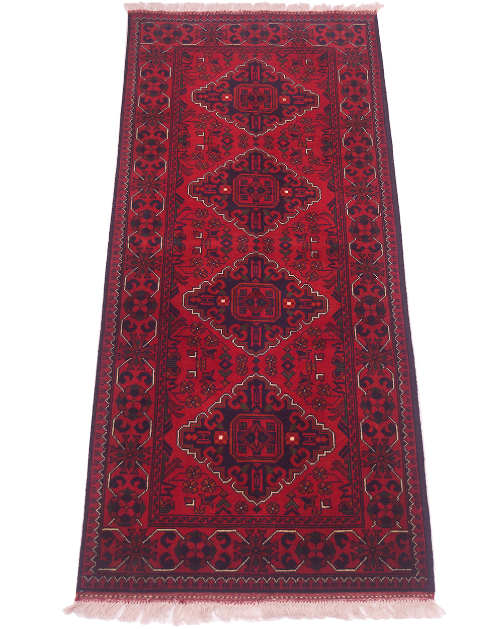 A traditional afghan runner rug with a deep red field, three large central medallions, and a dark navy blue border with cream accents and fringe on the ends.