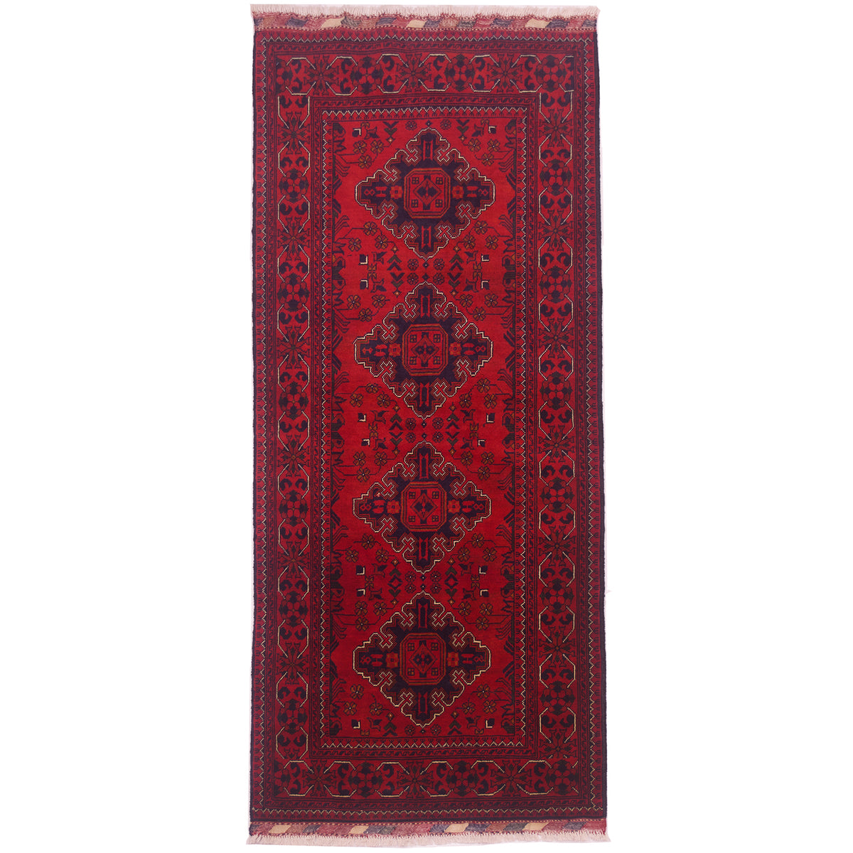 Rich red and black Afghan fine Kunduz runner with geometric 4 medallion design.