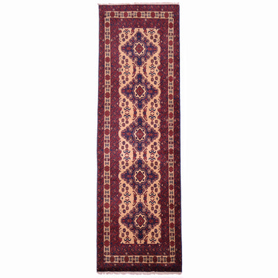 Kunduz runner rug with beige field, 5 dark blue medallions, along with red.