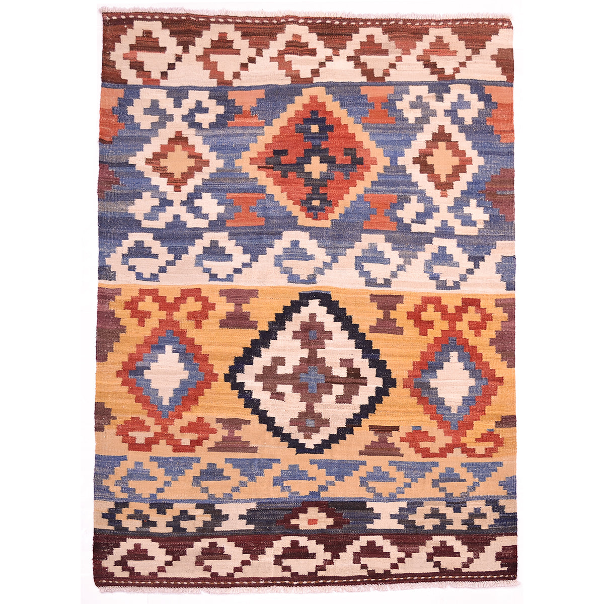 Afghan old style Kilim with bold geometric motifs in colours of blue, brown, rust, cream and saffron.