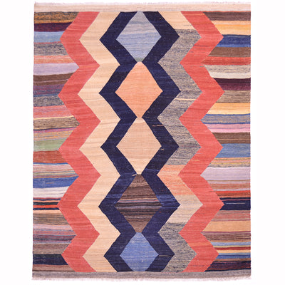 Handwoven Afghan kilim rug with red, blue, and cream chevron pattern