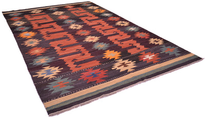A rectangular handwoven Afghan Labijar Kilim rug with a dark brown base and geometric patterns in terracotta orange, beige, red, and muted blue, shown on a plain white background.