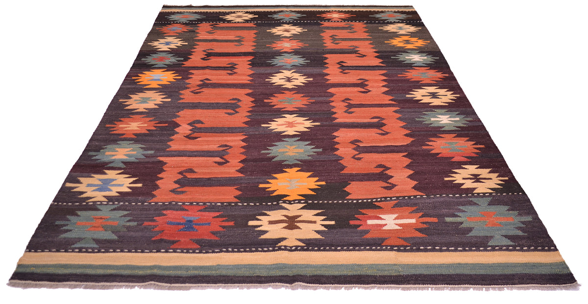A rectangular Afghan Labijar kilim area rug with a geometric tribal pattern, featuring a dark brown base with orange, red, beige, and blue motifs, shown against a plain white background.