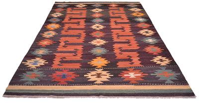 A rectangular Afghan Labijar kilim area rug with a geometric tribal pattern, featuring a dark brown base with orange, red, beige, and blue motifs, shown against a plain white background.
