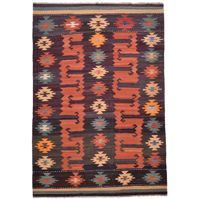 Handwoven Afghan Labijar Kilim with traditional geometric design in colours of terracotta, charcoal, aubergine, soft green, gold, and blue.