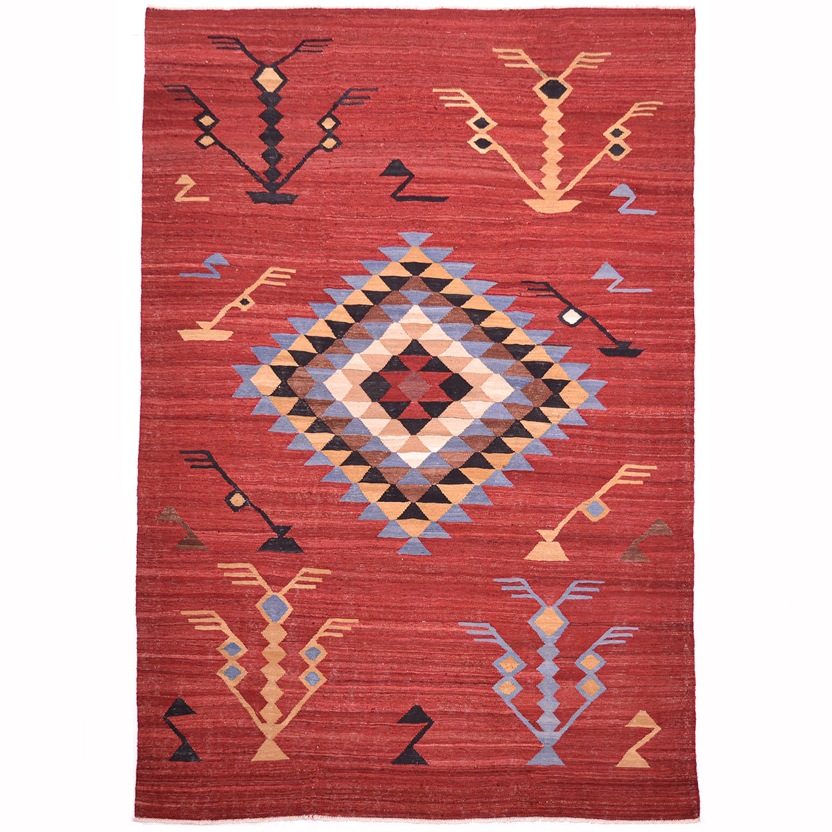 Handwoven red Labijar Kilim rug with medallion design on a red background with 4 large stylised plants in each corner.
