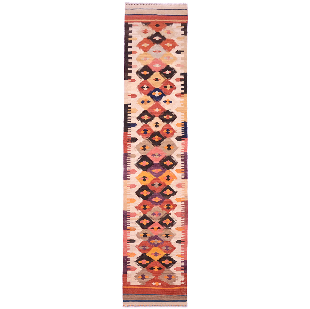 Handwoven Labijar Kilim runner with all over geometric design in colours of beige, rust, navy, orange, brown and grey.