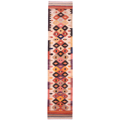 Handwoven Labijar Kilim runner with all over geometric design in colours of beige, rust, navy, orange, brown and grey.