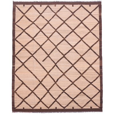 Tribal style handwoven Afghan Kilim with dark brown lattice design on a beige ground.