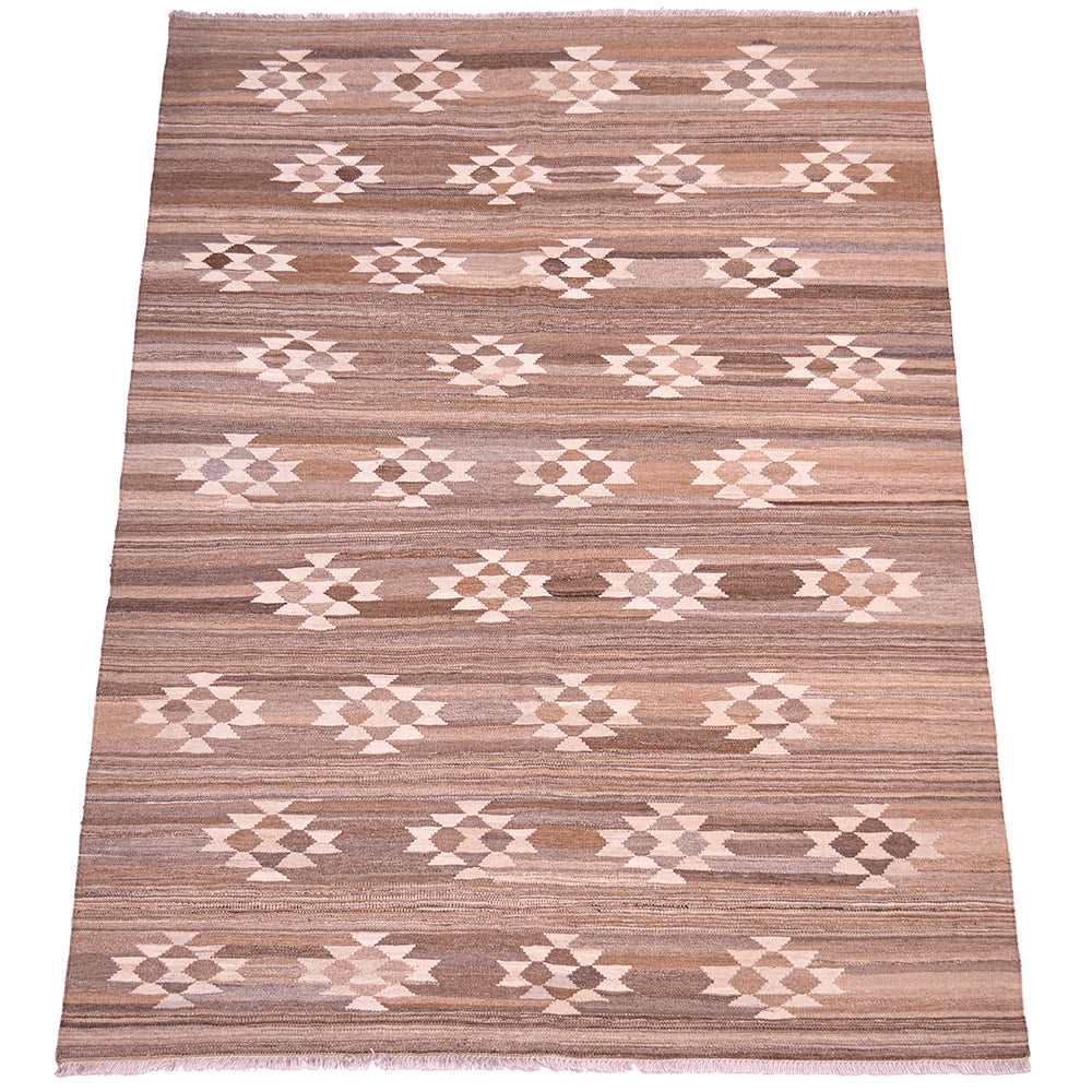 A rectangular Handwoven natural Labijar Kilim with a horizontal striped pattern in shades of brown and beige, featuring repeating geometric diamond motifs in cream and light brown, finished with a fringed edge.