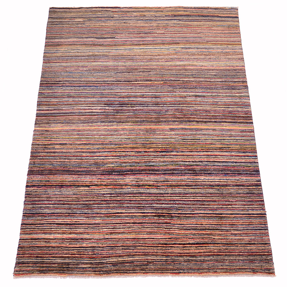 A rectangular handwoven stripy Gabbeh rug with horizontal multicolour stripes in shades of brown, beige, orange, and muted blue, shown flat against a white background.