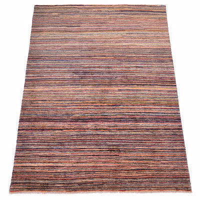 A rectangular handwoven stripy Gabbeh rug with horizontal multicolour stripes in shades of brown, beige, orange, and muted blue, shown flat against a white background.