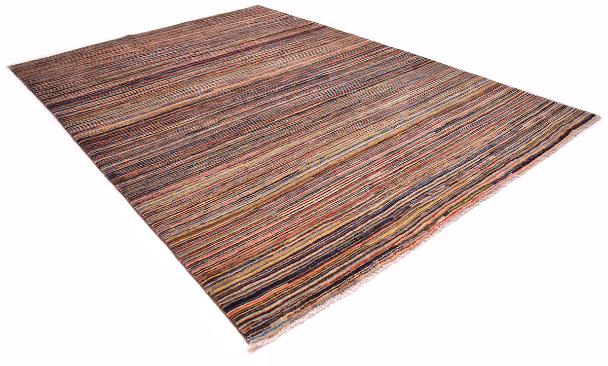 A rectangular woven stripy Gabbeh area rug with a multicolour striped pattern in shades of brown, beige, orange, and blue, shown from an elevated perspective on a white background.