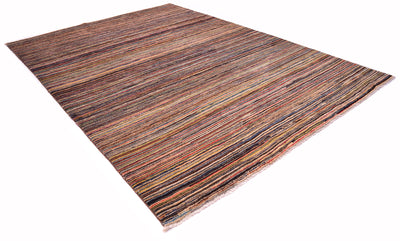 A rectangular woven stripy Gabbeh area rug with a multicolour striped pattern in shades of brown, beige, orange, and blue, shown from an elevated perspective on a white background.