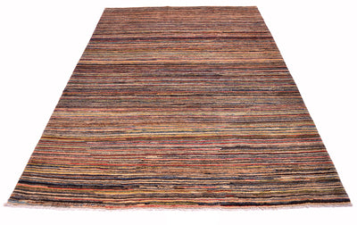 A rectangular handwoven Afghan stripy Gabbeh area rug with a horizontal striped pattern in earthy tones of brown, rust, beige, and muted blue, shown flat against a white background.