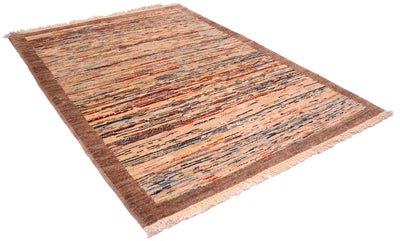 A rectangular hand-knotted Afghan Gabbeh scatter rug with a textured, multicoloured abstract pattern in shades of brown, beige, orange, and blue, featuring a solid brown border and fringe on the ends, shown on a plain white background.