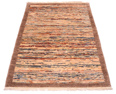 A rectangular Gabbeh Afghan rug with a textured, handwoven horizontal stripe pattern in shades of beige, orange, brown, and blue, featuring a solid brown border and cream fringe on the ends.