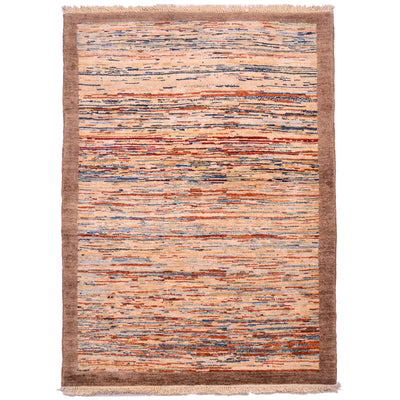 Hand-knotted wool pile Afghan Gabbeh Rug with abstract theme of multicolour stripes surrounded by a plain brown border.