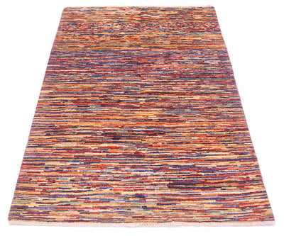 A rectangular handwoven modern Afghan stripy Gabbeh rug with a dense, textured horizontal stripe pattern in a multicolour palette of rust red, orange, blue, purple, and beige, shown flat against a white background.