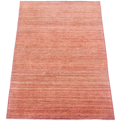 A rectangular Afghan Gabbeh carpet/rug with a horizontally striped pattern in shades of terracotta, rust, and muted red, shown flat against a white background.