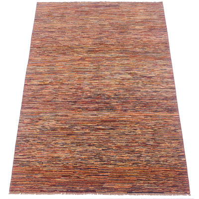 A 3x2m rectangular Handmade modern Afghan Gabbeh carpet with a textured, handwoven horizontal stripe pattern in earthy tones of rust, terracotta, brown, and beige, shown flat against a white background.