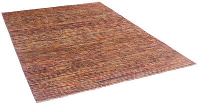 A rectangular woven modern Gabbeh area rug with a textured, rustic pattern in earthy tones of brown, rust, orange, and muted red, shown at an angle on a white background.
