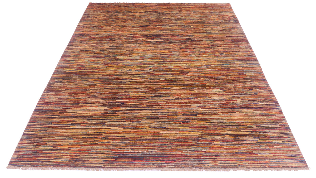 A rectangular handwoven striped Gabbeh area rug with a textured, horizontal striped pattern in earthy tones of brown, rust red, orange, and beige, shown flat against a white background.