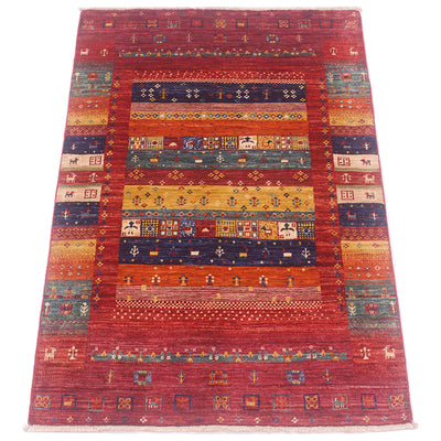 A 5x3 rectangular colourful Loribaft rug with a geometric modern-tribal pattern, featuring a dominant red field, a central navy blue band, and multiple horizontal stripes of orange, yellow, and teal with stylised motifs.