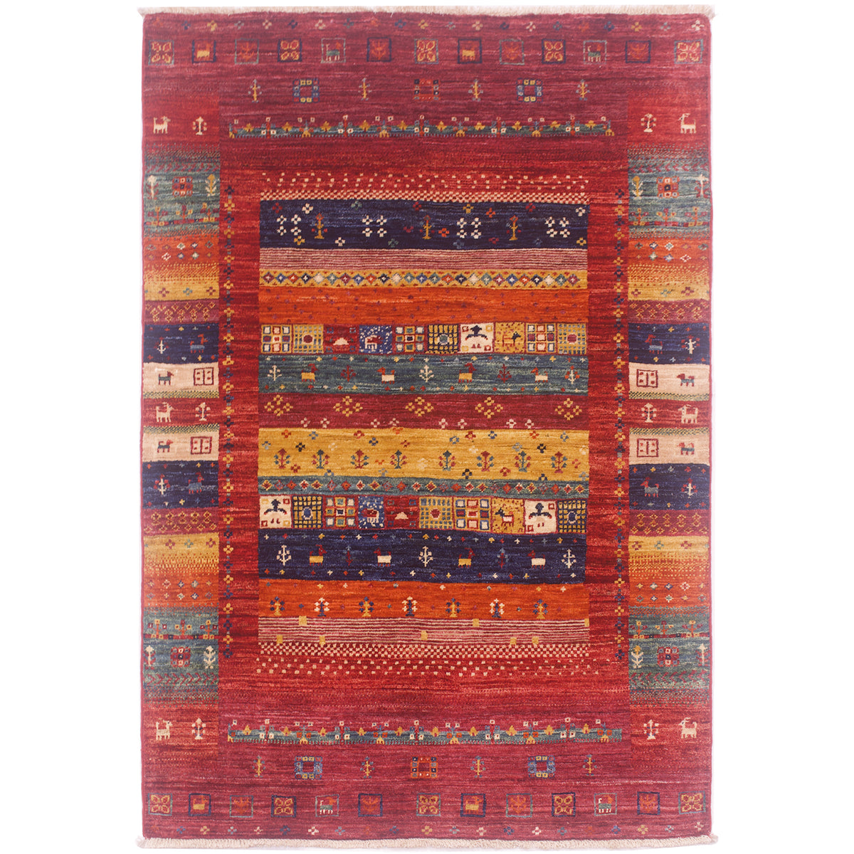 Colourful Loribaft rug with playful multicolour modern tribal design featuring tiny plant and animal emblems.