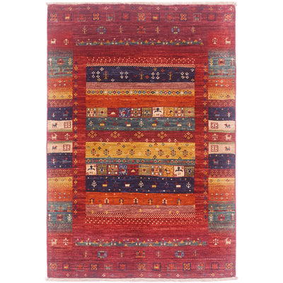 Colourful Loribaft rug with playful multicolour modern tribal design featuring tiny plant and animal emblems.