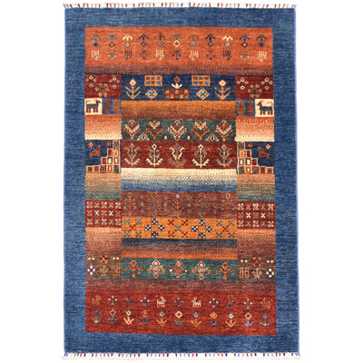 Multicolour Loribaft rug with blue border with colourful modern design.