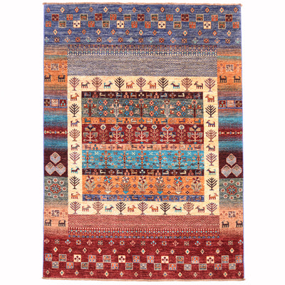 Multicolour Loribaft rug with contemporary-tribal colourful geometric design.