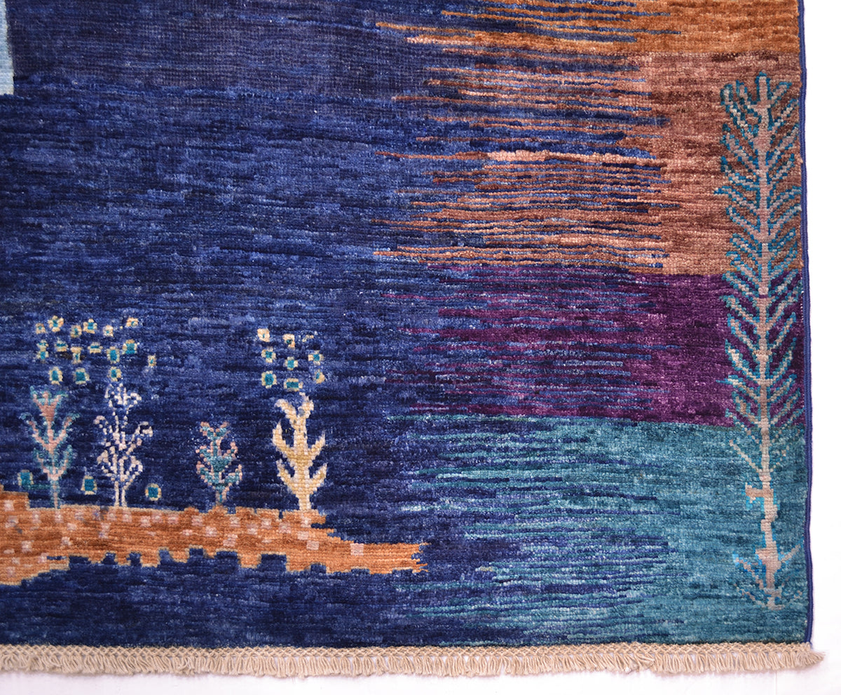 Loribaft carpet corner with tree motif band and multicolor woven patterns