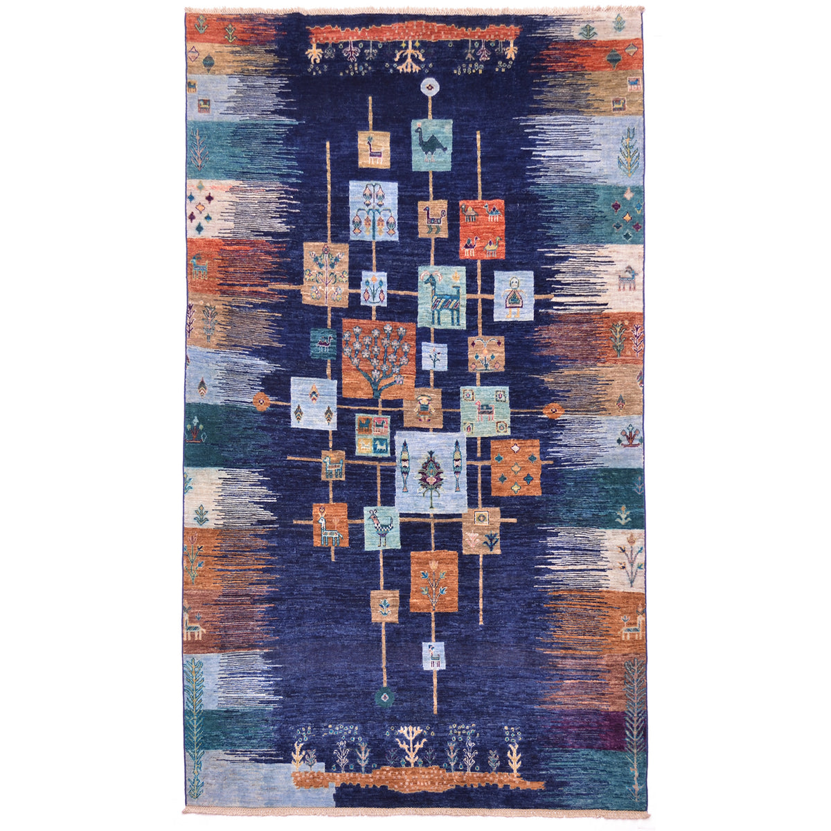 Afghan navy handmade tribal-style Loribaft carpet with contrasting modern-tribal design.