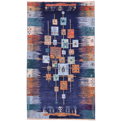 Handmade Loribaft carpet with navy, orange, and geometric cross motifs