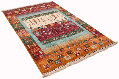 Afghan Loribaft Gabbeh rug, full angled view with maroon, amber and green panels and off-white fringe along sides.
