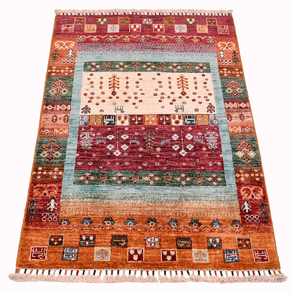 Loribaft Gabbeh Afghan rug front view with central cream panel, multicolour borders, and fringe ends