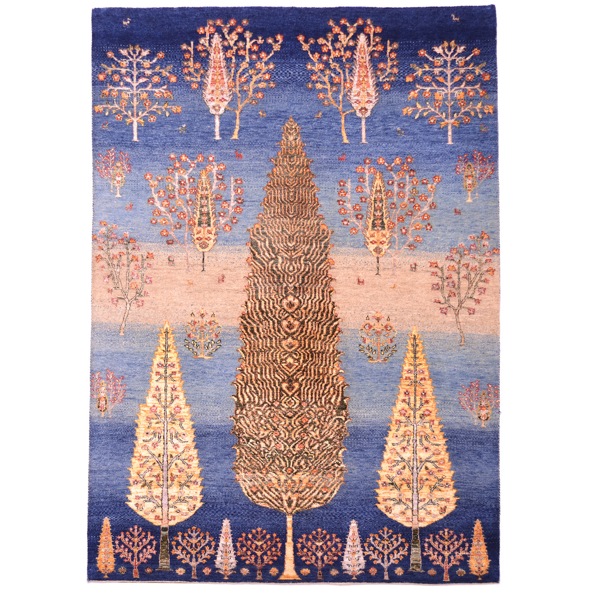 Hand-knotted wool and art silk pile Indian Loribaft Tree rug with blue background colour of varying shades from navy to light blue. The tree motifs are silk pile.
