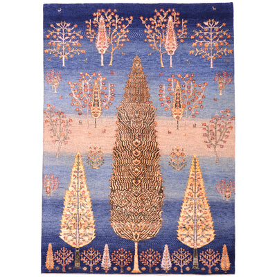 Hand-knotted wool and art silk pile Indian Loribaft Tree rug with blue background colour of varying shades from navy to light blue. The tree motifs are silk pile.