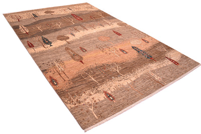 A rectangular Afghan Loribaft area rug with a detailed landscape design featuring stylised trees, hills, and boats in earthy brown, beige, and red tones, shown from an elevated angle on a white background.