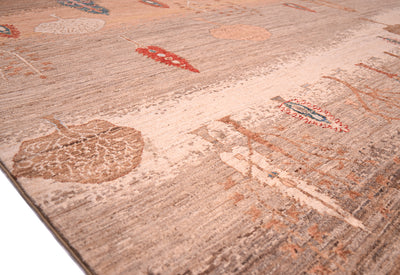 A close-up of a Loribaft carpet with a pictorial pattern in beige, brown, and muted red accents.