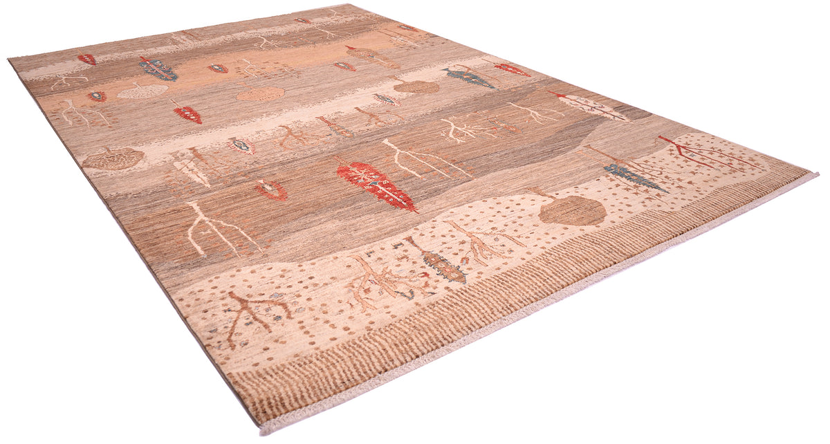A rectangular Pictorial Loribaft carpet, handwoven design featuring earthy tones of beige, brown, and muted red, shown at an angle on a white background.