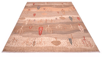 A rectangular Pictorial hand-knotted Loribaft carpet pattern of birds, leaves, and abstract shapes in muted earth tones of beige, brown, red, and blue on a white background.