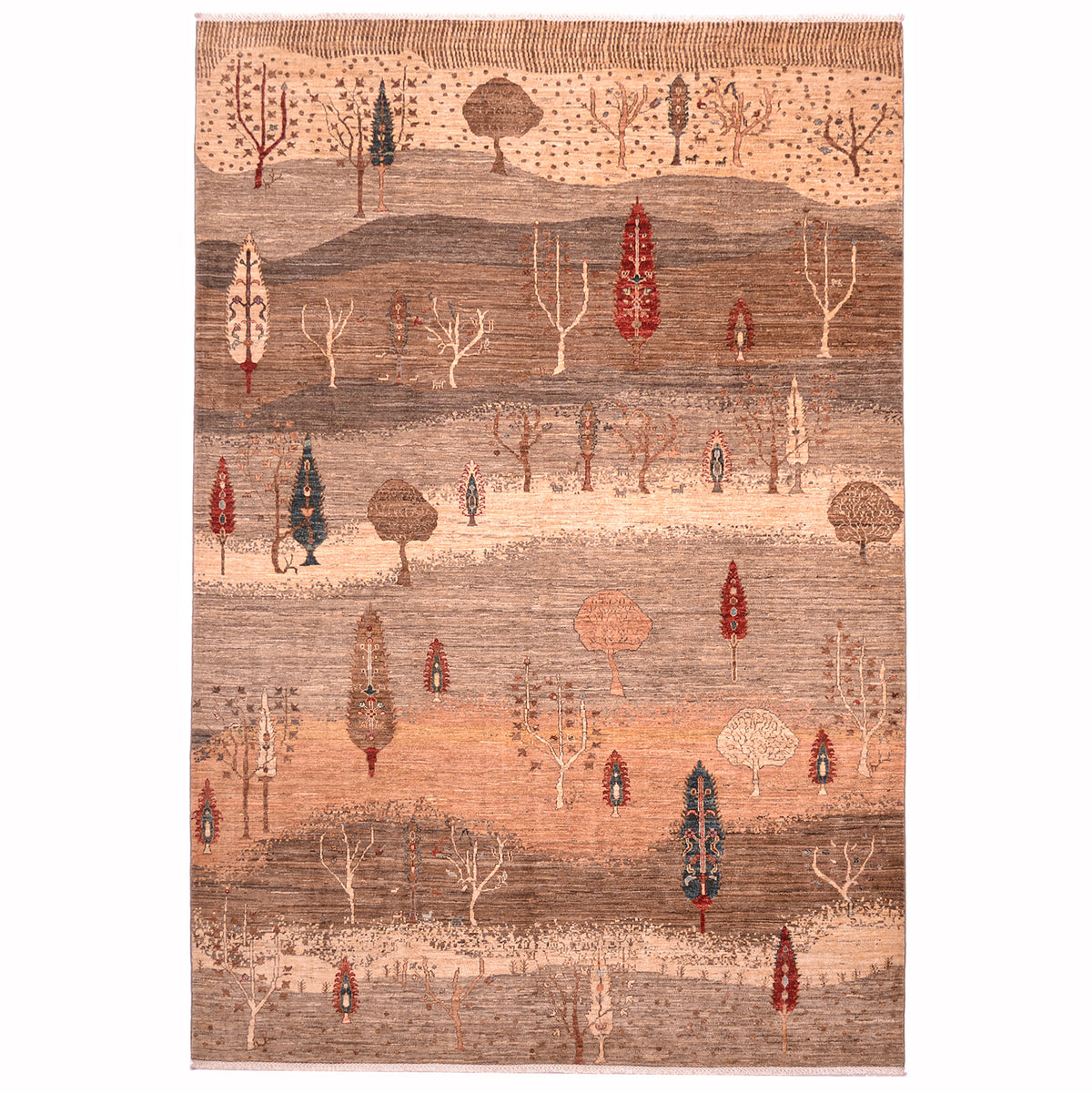 Pictorial hand-knotted Loribaft carpet with scene depicting rolling hills and trees in colours of beige, brown, apricot and touches of rust.