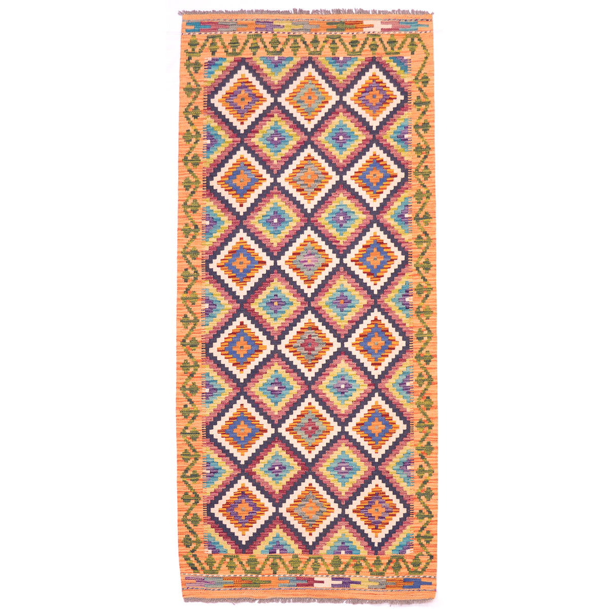 Maimana Afghan Multicolour Kilim Short Runner all over diamond design with soft orange /peach border with green meander.