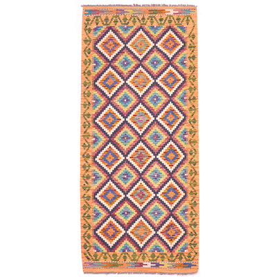 Maimana Afghan Multicolour Kilim Short Runner all over diamond design with soft orange /peach border with green meander.