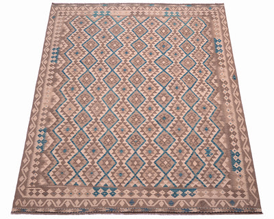 A rectangular Neutral Kilim with teal accents with a geometric diamond pattern in shades of beige, brown, and teal blue, shown flat against a white background.