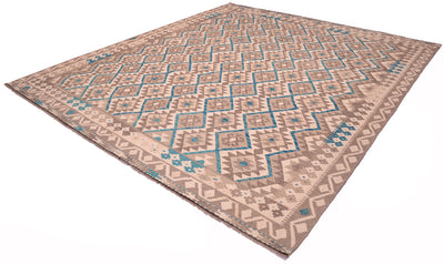 A 10x8 Afghan Kilim area rug with a geometric tribal pattern in beige, brown, and turquoise blue, shown from an elevated angle on a white background.